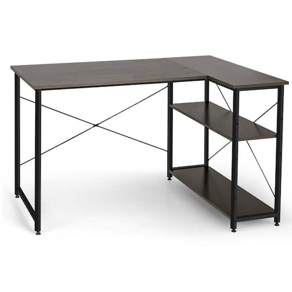 Costway 48 in. Brown Wood Reversible L Shaped Computer Desk Home Office Table Adjustable Shelf