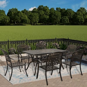 7-Piece Antique Bronze Cast Aluminum Outdoor Dining Set with 4 Dining Chair and 59 in. Rectangular Table