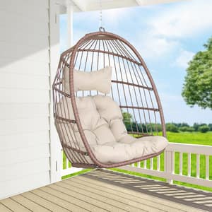 Foldable 265 lbs. 1 Person Brown Wicker Porch Swing Egg Chair with Beige Cusions