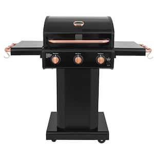 3-Burner Compact Propane Gas Grill in Black with Copper Accent with Foldable Side Tables