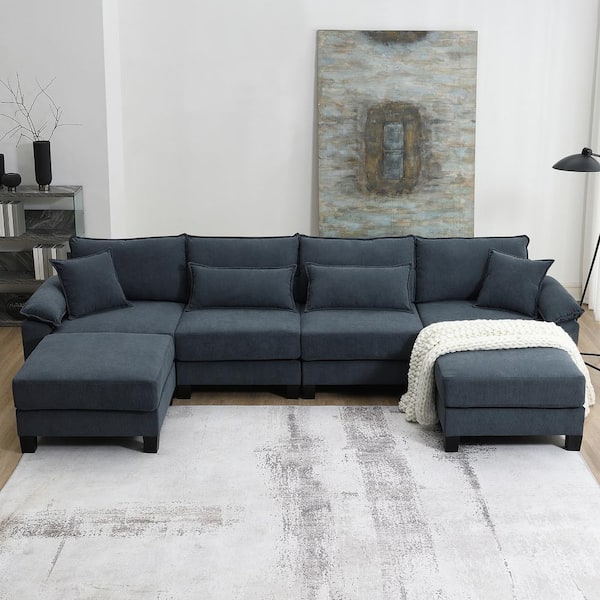 sumyeg 133 in. U-Shaped Corduroy Sectional Sofa in. Gray with Armrest Bags