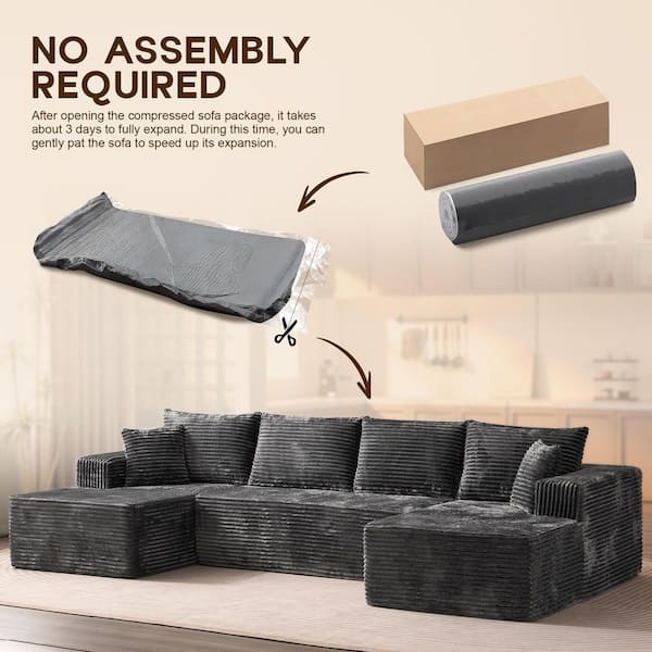 Allwex Varo 134 in. Wide Arm 3-Piece Modern Plush Corduroy U-Shape
