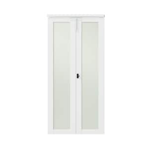 36 in. x 80 in. Frosted Glass Solid Core White Single Lite MDF Bi-fold Door with Lock, Handle and Hardware Kits