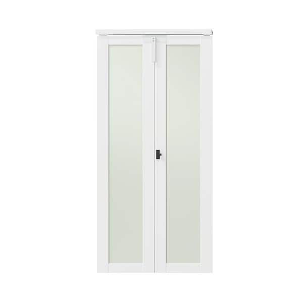 TENONER 36 in. x 80 in. Frosted Glass Solid Core White Single Lite MDF Bi-fold Door with Lock, Handle and Hardware Kits