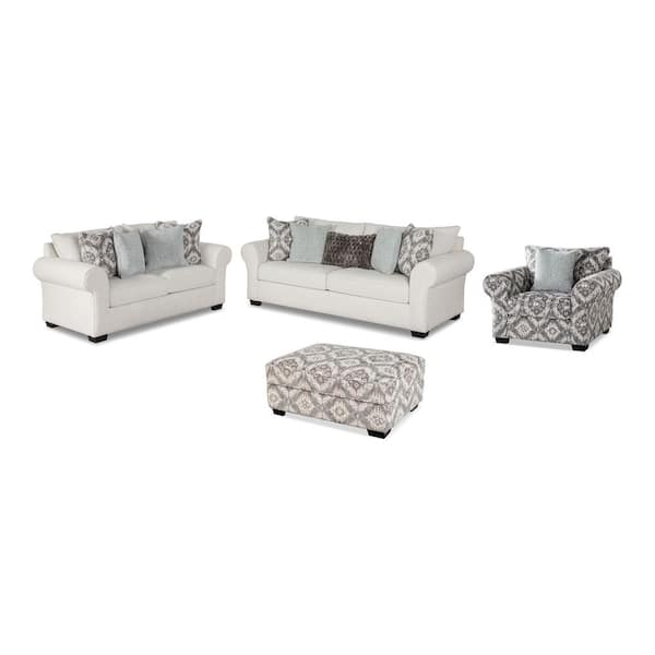 Ayala 4-Piece White Polyester Upholstered Living Room Set with Ottoman, Sock Rolled Arms, Loose Back Cushion