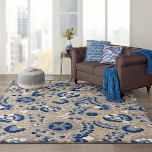 Aloha Blue 8 ft. x 11 ft. Floral Modern Indoor/Outdoor Patio Area Rug