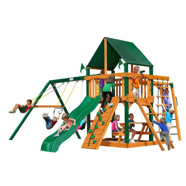 Gorilla Playsets Navigator Wooden Swing Set with Sunbrella Canvas Canopy, Timber Shield Posts and Monkey Bars