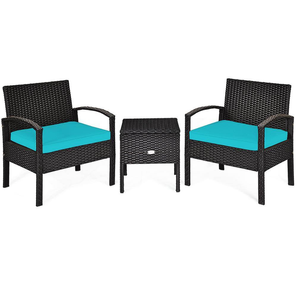 Black Rattan 3-Piece Wicker Patio Conversation Set With Turquoise Blue Cushions price history on PriceWatchPro