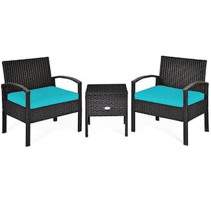 Black Rattan 3-Piece Wicker Patio Conversation Set With Turquoise Blue Cushions