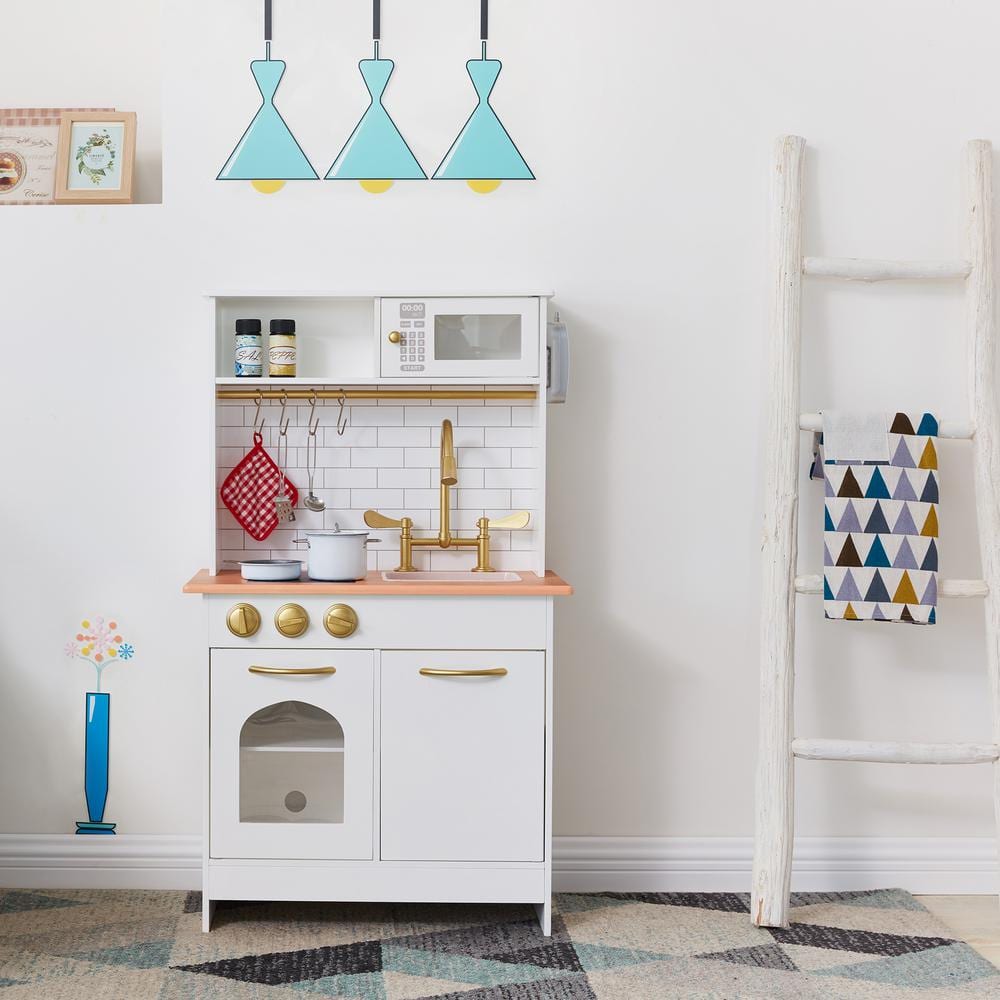 White and Gold Wooden Play Kitchen with Accessories