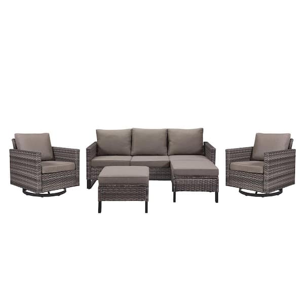 5-Piece Gray Wicker Patio Conversation Swivel Outdoor Rocking Chair Set Sectional Sofa with Gray Cushions