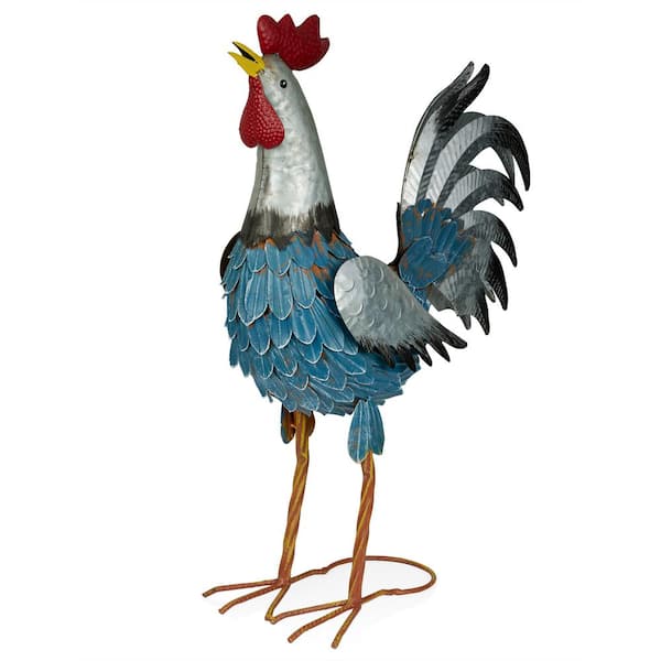 Alpine Corporation Silver Tailed Blue Rooster Statue