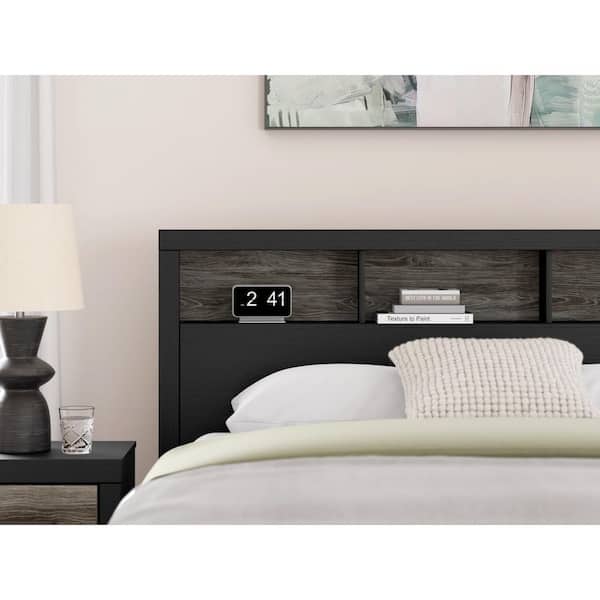 Ryderton Black Queen Bookcase Headboard with 3 Storage Cubbies