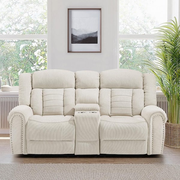 Lazzara Casoria 79.5 in W Beige Chenille Manual Double Recliner 2-Seater Loveseat with Center Console
