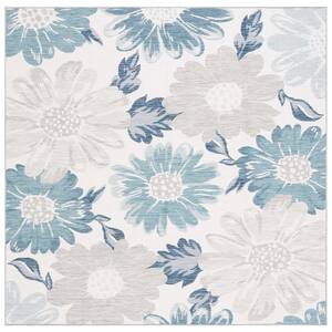 Sunrise Ivory/Blue Gray 7 ft. x 7 ft. Oversized Floral Reversible Indoor/Outdoor Square Area Rug