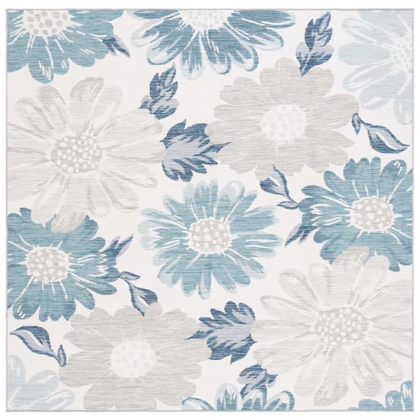 SAFAVIEH Sunrise Ivory/Blue Gray 7 ft. x 7 ft. Oversized Floral Reversible Indoor/Outdoor Square Area Rug