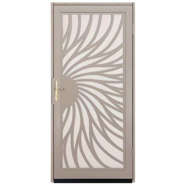 Unique Home Designs 36 in. x 80 in. Solstice Tan Surface Mount Steel Security Door with Almond Perforated Screen and Brass Hardware