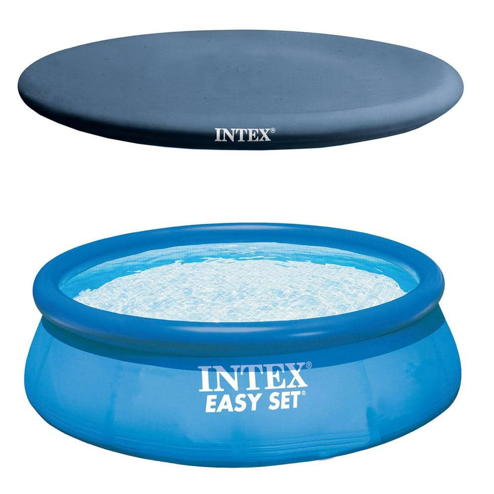 Intex Easy Set 13 ft. W x 12 in. H x 30 in. D Round Inflatable Pool, Pump and Filter & Above Ground Rope Tie Pool Cover