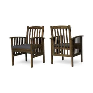 2-Piece Brown Wood Outdoor Dining Chair with Dark Gray Cushions