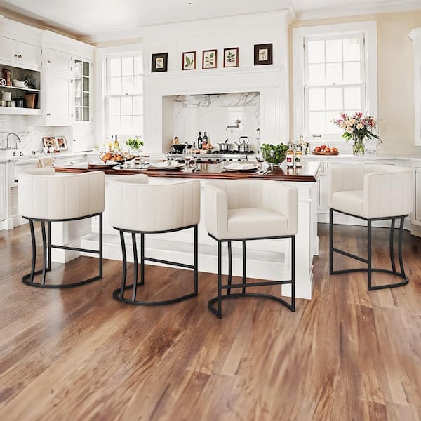 LUE BONA Siska 26 in.Modern Beige Fabric Upholstered Counter Stool with Black Metal Frame Barrel Counter Bar Stool Set of 4