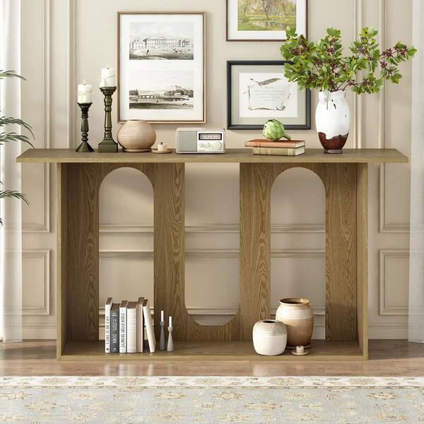 Harper & Bright Designs Arch Design 60 in. Natural Rectangle Ash Wood Veneer and MDF Console Table with Bottom Shelf
