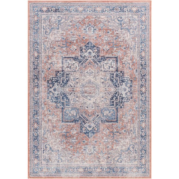Sadie Rust/Blue 3 ft. x 10 ft. Runner Indoor Machine-Washable Area Rug