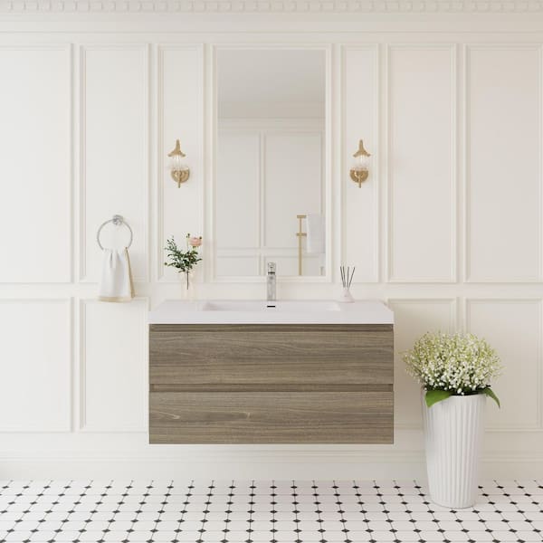 42 in. W Floating Bathroom Vanity in Ash Grey with White Resin Top Basin, Soft Close Drawers