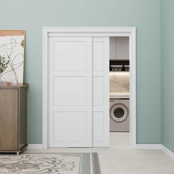 60 in. x 96 in. Paneled 3-Lite White Primed MDF Muti-Design Sliding Door with Hardware