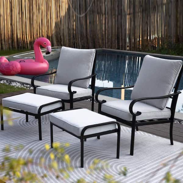 Unbranded 4-Piece Black Metal Patio Conversation Sofa Set with Thick Gray Cushions and Ottomans