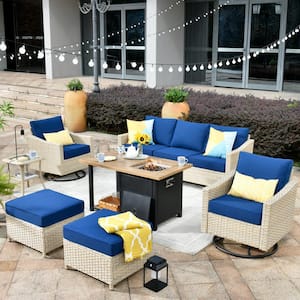 Oconee 7-Piece Wicker Patio Conversation Sofa Set with Swivel Rocking Chairs, a Storage Fire Pit and Navy Blue Cushions