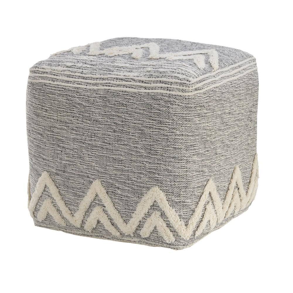 Gray and Ivory Tufted Geometric Square Pouf, 16"