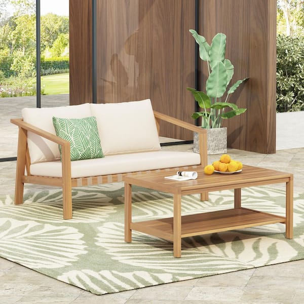 CHRISTOPHER KNIGHT HOME Omar Outdoor 2 Piece Solid Wood and Rope Loveseat and Table Set Patio Conversation Set with Beige Cushions, Light Teak