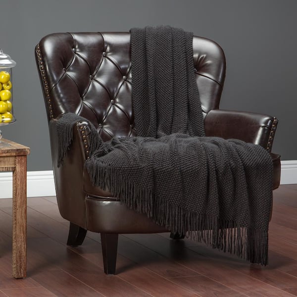 CHANASYA Textured Knit Black Acrylic Throw Blanket with Tassels, 50 x 65 in.