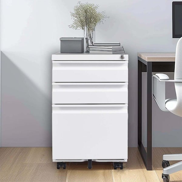 3 Drawer White Metal 15 in. W x 24 in. H Vertical File Cabinet with Lock Under Desk Metal Filing Cabinet Fully Assembled