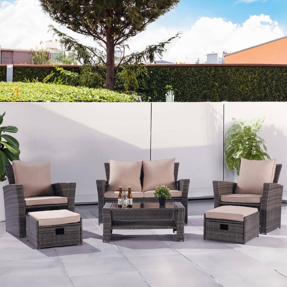 6-Piece Wicker Patio Conversation Set Rattan Seating Set Loveseat Sofa with