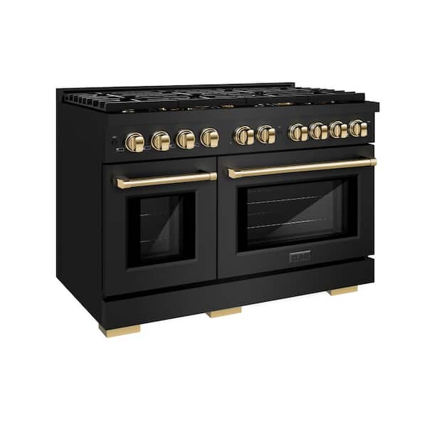 ZLINE Kitchen and Bath Autograph Edition 48 in. 8 Burner Gas Range in Black Stainless Steel and Polished Gold Accents