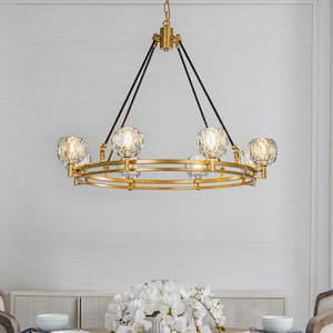 8-Light W 33 in. Modern Wagon Wheel Chandelier in Antique Gold with Facet-cut Crystal Shade for Vintage Dining Room