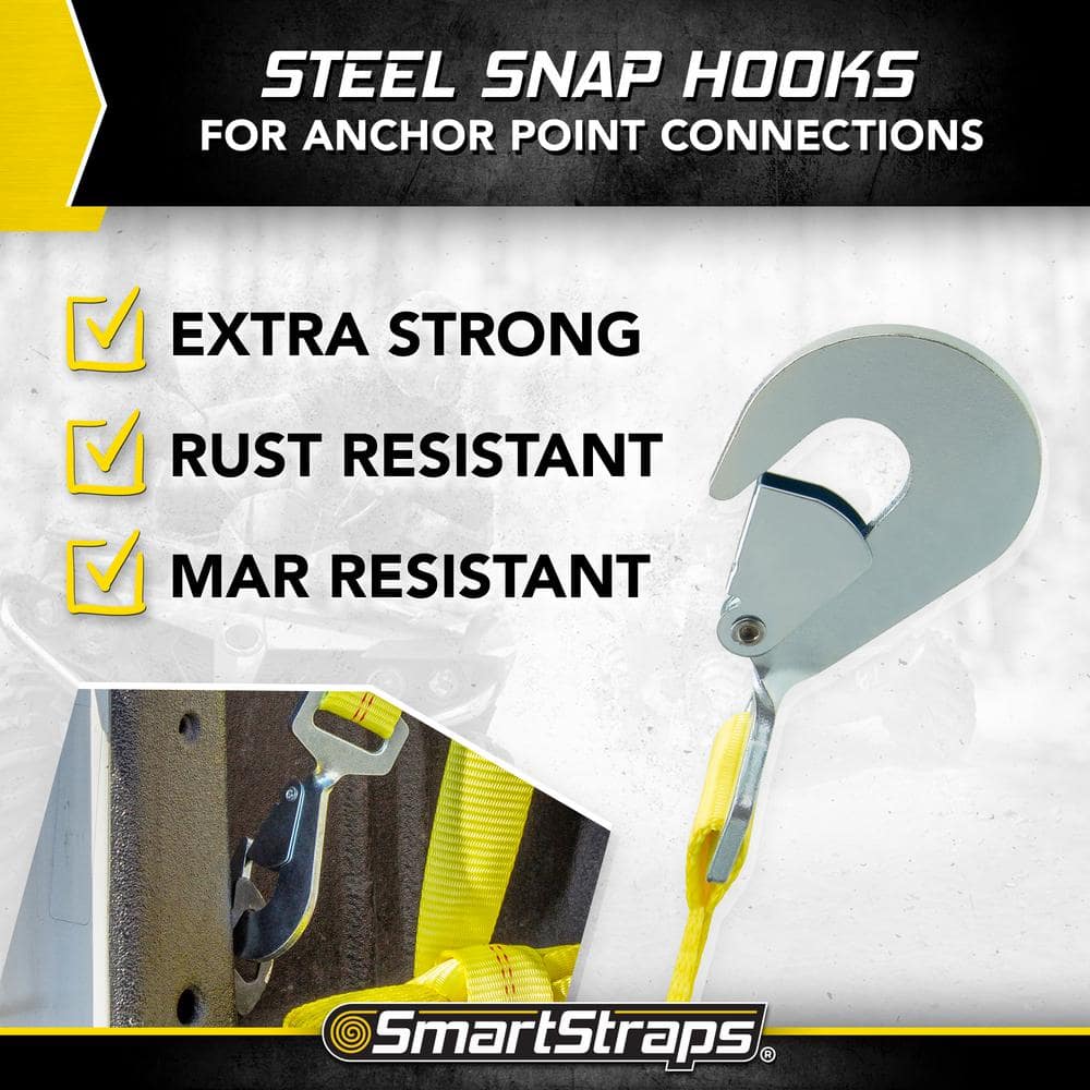 SmartStraps Heavy-Duty 8ft Yellow Ratchet Tie-Down Strap with Snap Hook