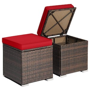 Wicker Outdoor Ottoman Multi-Purpose Footstool Storage Box Side Table with Removable Red Cushions (2-Pack)