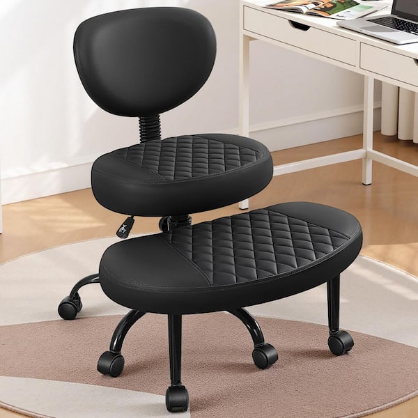 Black Occasional Chair Ergonomic Cross Legged Office Chair with Wheels, Adjustable Height, Lumbar Support