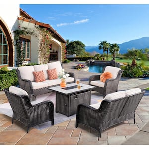 Daydreamer Brown 5-Piece Wicker Patio Fire Pit Set with Rectangular Beige Cushions