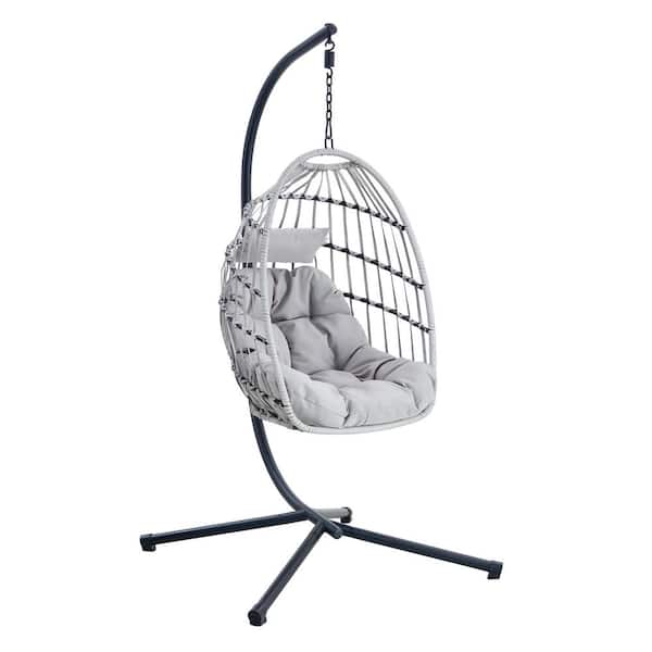 Black Metal and Gray Wicker Patio Swing with Gray Soft Removable Cushion