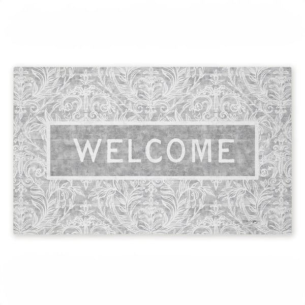 Distressed Damask Welcome Gray 18 in. x 30 in. Polyester Non-Slip Outdoor Door Mat