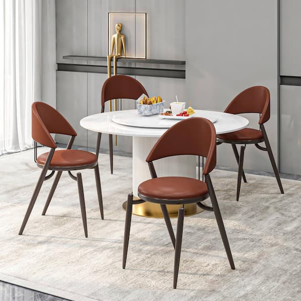 Leisuremod Black Venice Upholstered Leather Modern Dining Chair with Metal Legs Set of 4 in Dark Brown