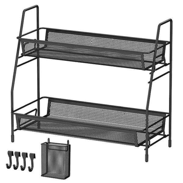 2-Tier Black Countertop Bathroom Organizer Metal Mesh Vanity Tray Shelf with Side Basket and Hooks Storage