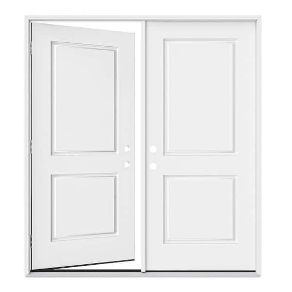 72 in. x 80 in. 2 Panel Left-Handed White Primed Fiberglass Double Prehung Front Door French Door with Frame Set