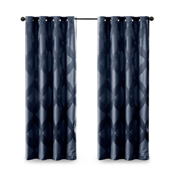 Abel Navy Ogee Knitted Jacquard 50 in. W x 95 in. L Blackout Grommet Top Curtain