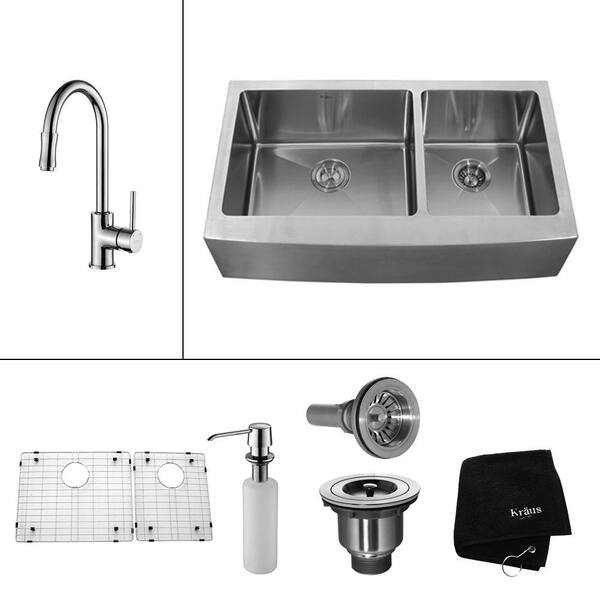 KRAUS All-in-One Farmhouse Apron Front Stainless Steel 33 in. Double Basin Kitchen Sink with Faucet and Accessories in Chrome