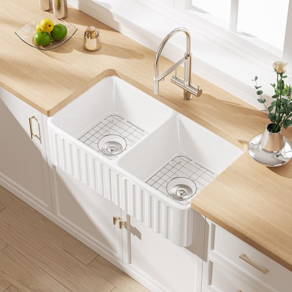 Eridanus Yorkshire Crisp White Fireclay 30 in. Single Bowl Farmhouse Apron Workstation Kitchen Sink with Accessories