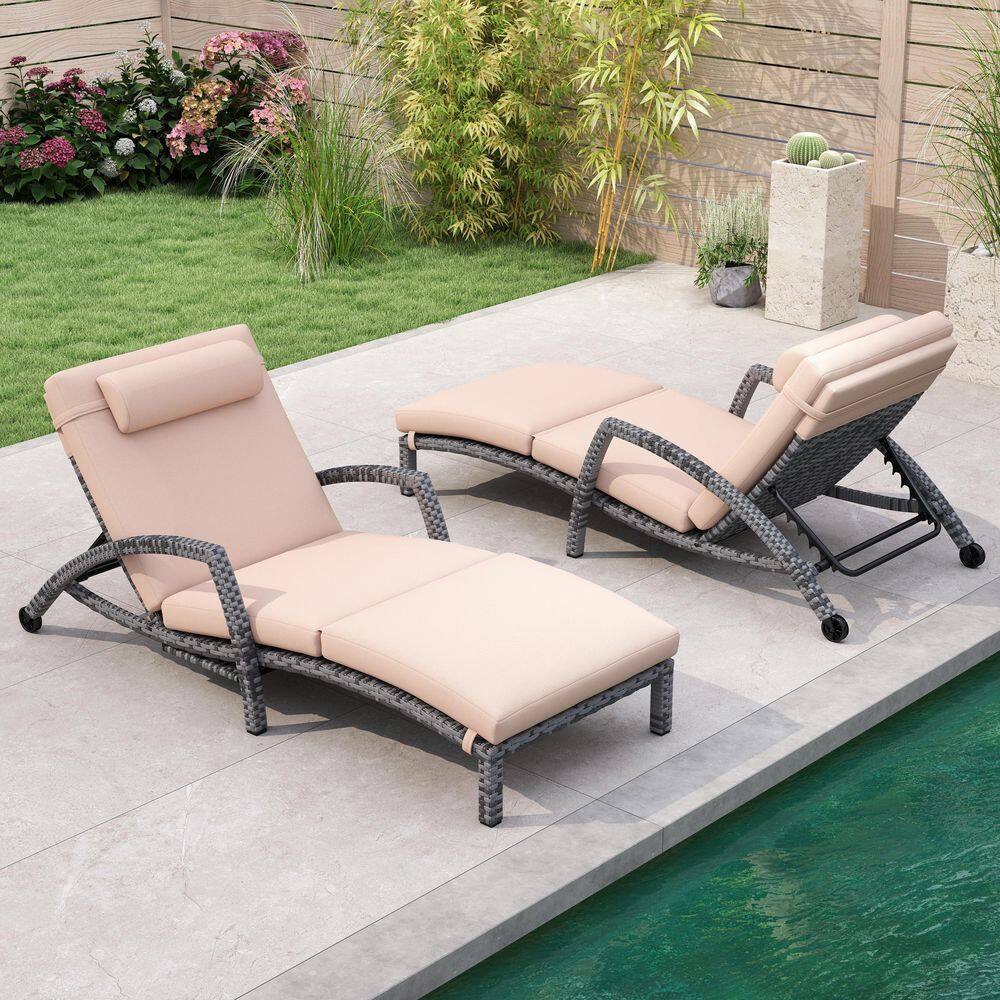 Gray Rattan Chaise Lounges (Set of 2), Wicker Outdoor Patio Pool Chaise Lounge Chair, with Khaki Cushion price history on PriceWatchPro